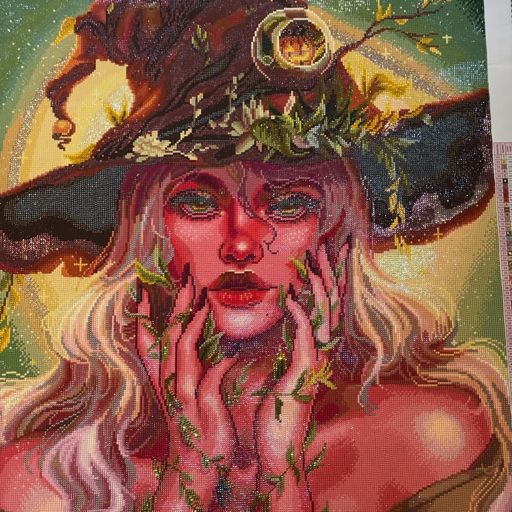 Vibrant Witch Art with Green and Red Accents
